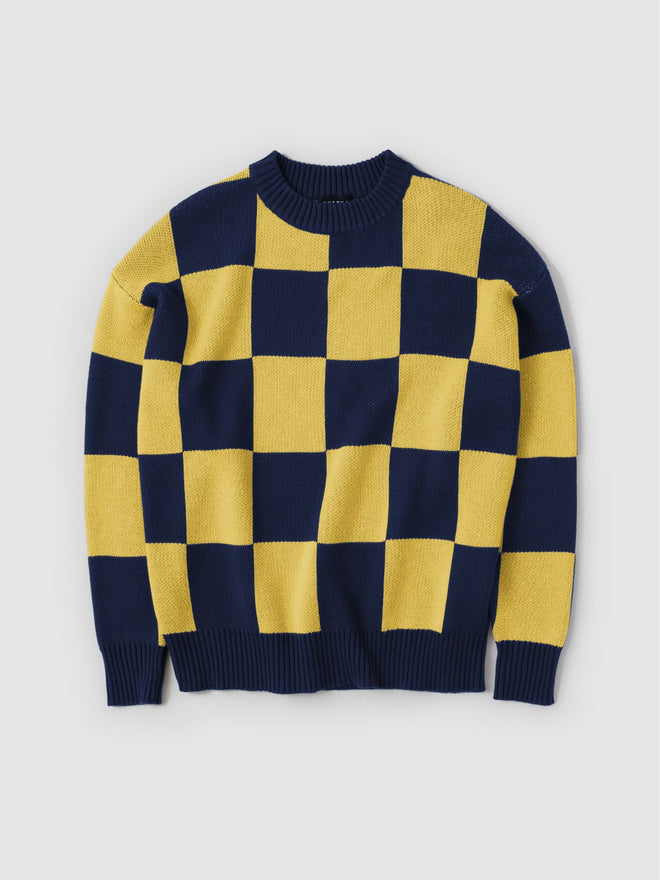 blue and yellow checkerboard sweater
