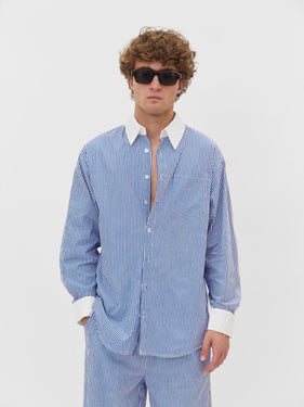 Lounge Shirt Blue Stripe White Details