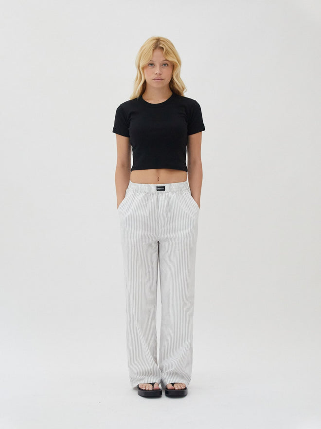 lounge pants in white with black pinstripe one dna