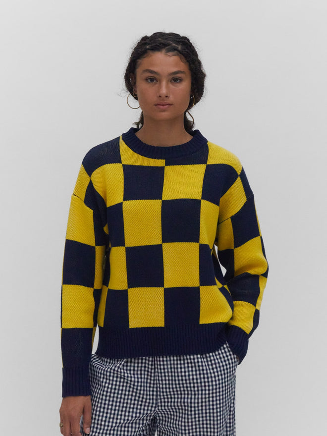 one dna checkerboard sweater blue yellow