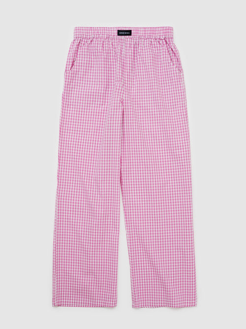 pink gingham pants with elastic waistband