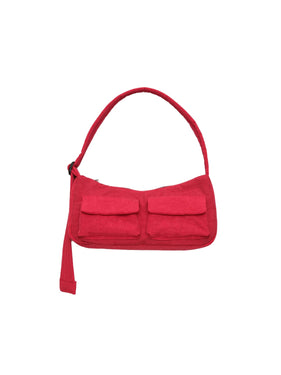 red shoulder bag with two outside pockets